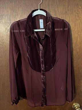 GAP sheer burgundy top with velvet bib embellishment Size M TALL